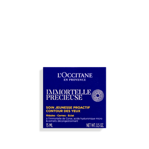 Contorno de Ojos Preciosa Immortelle: Bálsamo para ojos sin fragancia que combate líneas finas, hinchazón y ojeras.