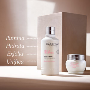 Productos L'Occitane Reine des Prés (loción iluminadora y crema) en un entorno minimalista, acompañados de texto promocional con sus cuatro propiedades: Ilumina, Hidrata, Exfolia y Unifica.